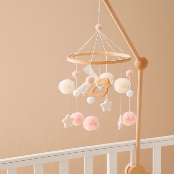 Χειροποίητο Ξύλινο Κρεμαστό Mobile με Πουλάκι & Άσπρα - Ροζ Πομ Πομ