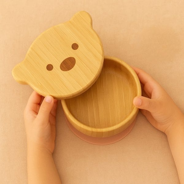 Μπολ Φαγητού από Μπαμπού με Καπάκι  Αρκουδάκι & Βάση Σιλικόνης